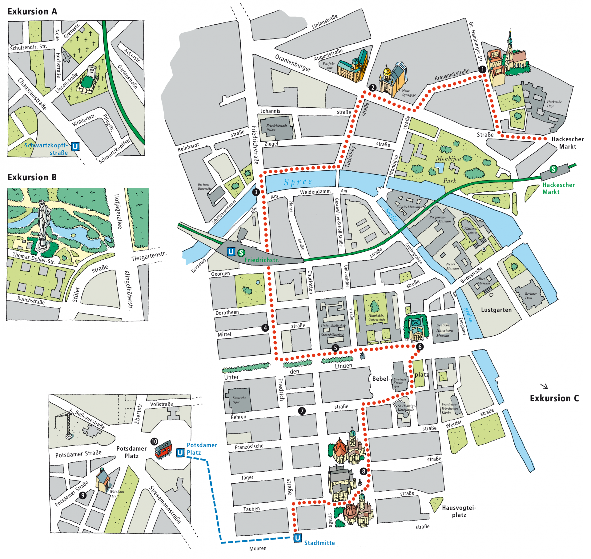 Stadtplan mit eingezeichneten Exkursionen - Typoly