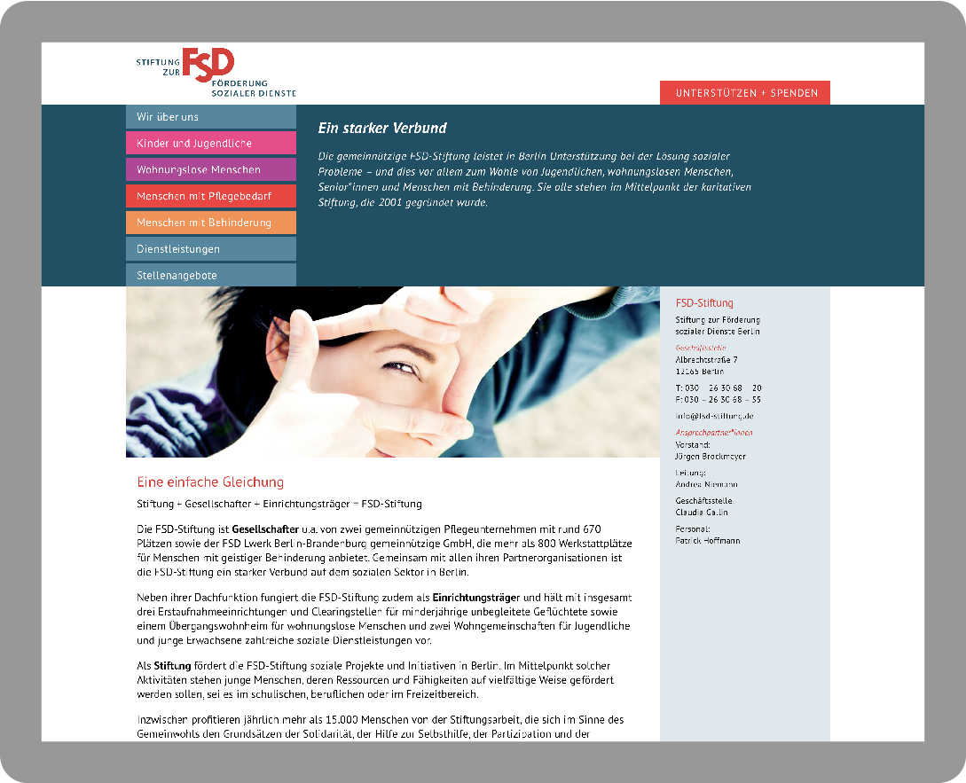 Webdesign: Startseite für die FSD-Stiftung - Typoly